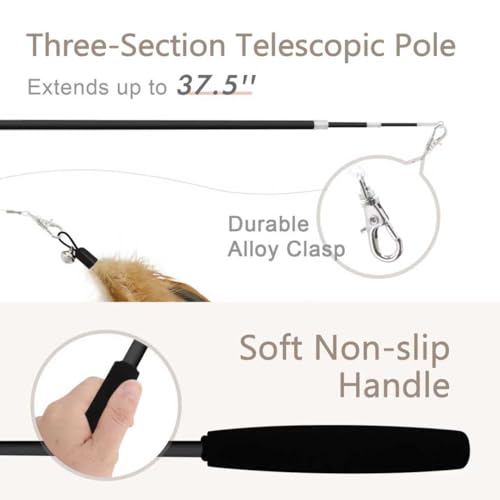 SONGWAY Interactive Cat Feather Toy Set - Retractable Teaser Wand with 6 Pcs Feather Refills with Bell, Cat Wand Toys for Indoor Cats Kittens Play Chase Exercise, Black - color: Black