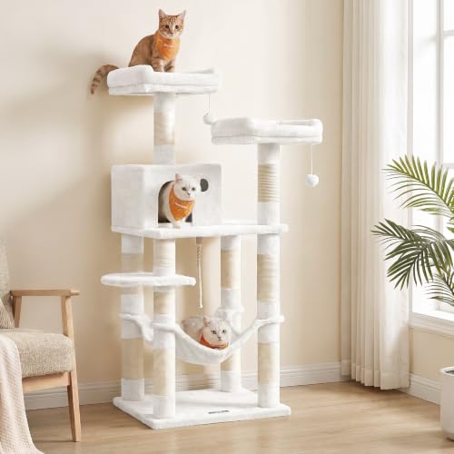 Feandrea Cat Tree, 55.8-Inch Tall Cat Tower Condo Indoor, Light Warm White - color: Cream White