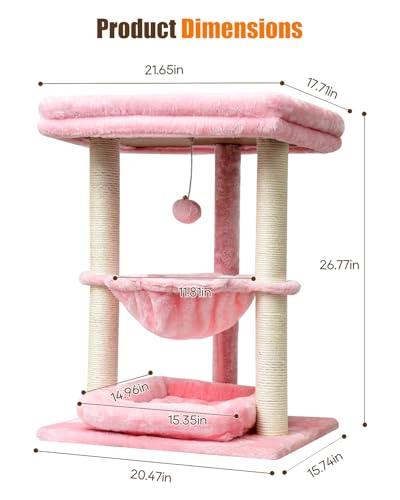 SYANDLVY Small Cat Tree for Indoor Cats with Top Perch Hammock & Bottom Bed - color: Pink