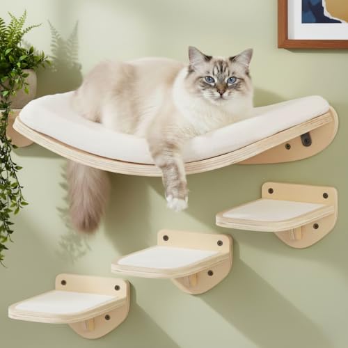 Cat Wall Shelves, Natural Floating Cat Furniture with Bed & Steps - color: Natural