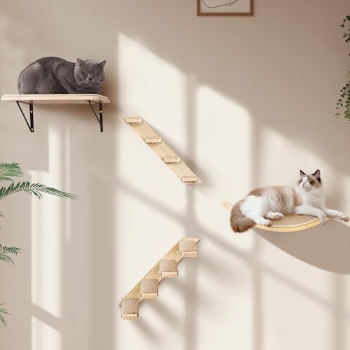 Cat Wall Shelves Set with Sisal Cats Stairs, 4 Piece Wooden Climbing Furniture with Scratchable Curved Bed, Flat Shelf & 2 Cat Wall 4-Steps Ladders - color: Curved Foam, size: Combo 4 in 1