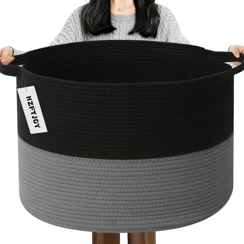 115L Large Blanket Basket,Woven Rope Laundry Basket-Black&Dark Grey - color: Black&Dark Grey, size: 23.6"L x 23.6"W x 15.7"H(115L)