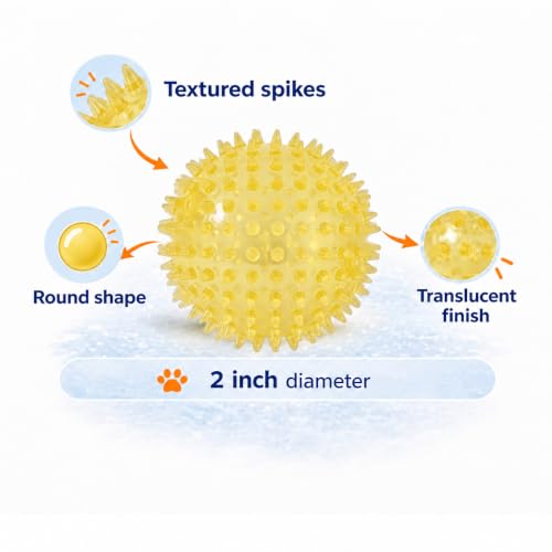 Squeaky Spiky Dog Ball for Teeth Cleaning & Gum Massage 2 Inch Puppy Small Dogs Yellow | Spiny TPR Rubber Chew Toy for Fetch Play Interactive Bouncy Dental Ball Durable BPA Free Nontoxic Floats - size: 2 Inch Yellow Ball 1-Pack