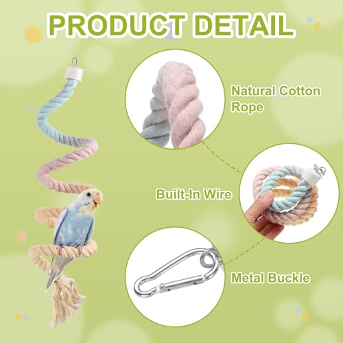 Bird Rope Perch Swing, Spiral Rope Perch Standing Pole Accessory Climbing Swing Paw Grinding 39 Inch, (Colorful) Intended for Parrot/Parakeet/Budgies/Cockatiels/Lovebirds - color: Gradient Colorful, size: 39 Inch