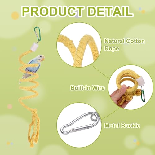 Bird Rope Perch Swing, Spiral Rope Perch Standing Pole Accessory Climbing Swing Paw Grinding 39 Inch, (Yellow) Intended for Parrot/Parakeet/Budgies/Cockatiels/Lovebirds - color: Yellow, size: 39 Inch
