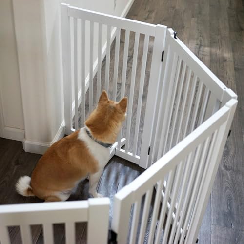 WELLAND Wooden Freestanding Dog Gate, Expandable Dog Gate, Indoor Pet Fence - color: White, size: 4 Panel 80" Wide