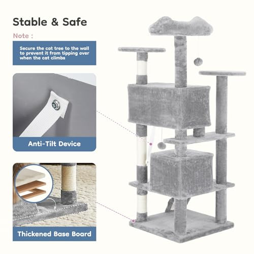 DUMOS 54 Inch Cat Tree Tower with Scratching Posts - color: Light Grey, size: 54'' × 20'' × 20''