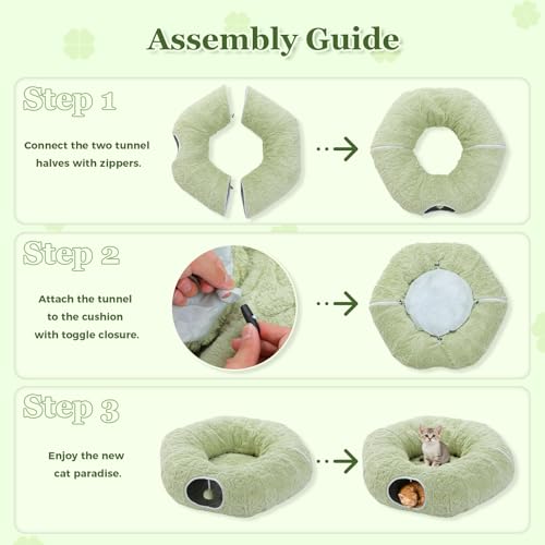 PEQULTI Green Donut Cat Tunnel Bed Washable Plush Mat for Multi Small Pets - color: Green