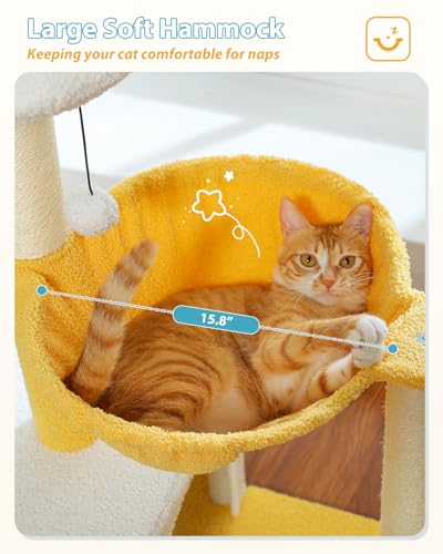MUTTROS Cute Cat Tree with Flower Top Bed - Cloud Scratching Posts, 35" Small Cat Tower with Large Metal Frame Hammock for Indoor Cats, White Cat Condo for Kittens, Yellow - color: Cloud White, size: 35" Upgraded Flower Cat Tree