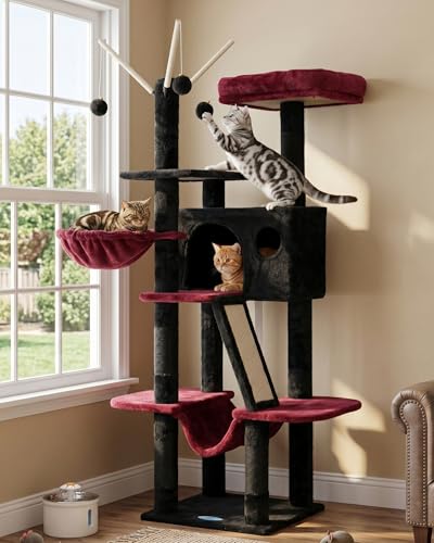 Hey-brother Cat Tree Tower with Padded Platform Bed, Hammock, MPJ019-SBR - color: Black and Red