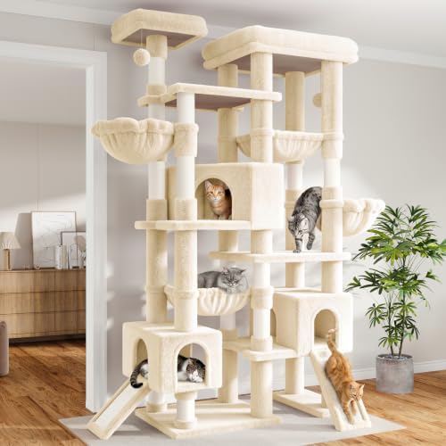 SHA CERLIN 87 in Multi-Level Tall Cat Tree Tower for Large Cats/Extra Wide Feline Activity Center/Sisal Scratching Posts/Wide Base/Cozy Plush Perches/Baskets/Hammocks/Toy Balls/Beige - color: Beige