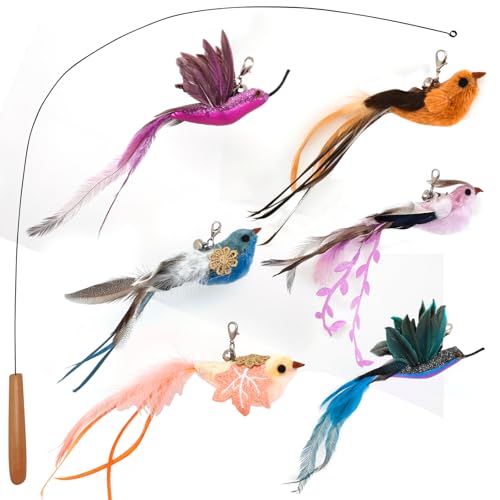 miwoowim 35" Steel Wire Cat Wand Toy & 6PCS Realistic Feather Bird Refills - color: Cat Wand Toy Birds