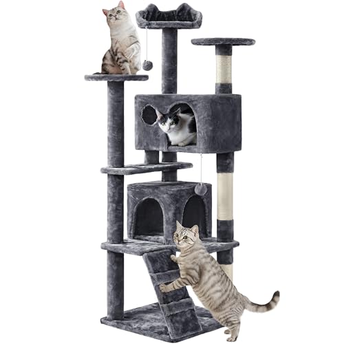 Yaheetech 62in Cat Tree with 2 Condos Sisal Scratching Post Sturdy Tower - color: Dark Gray, size: 62in