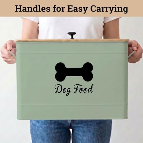 Metal Dog Food Container 15-20 lbs w/ Airtight Bamboo Lid, 70 Cup Capacity - color: Sage Green: Bone