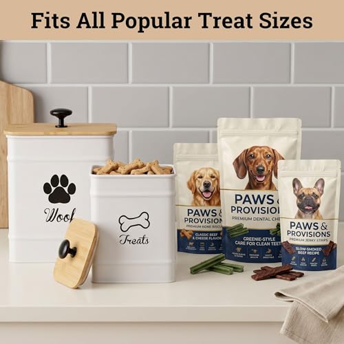 Dog Treat Container Set of 2 with Airtight Bamboo Lids - 8x6 & 7x5 inch - color: White - Large