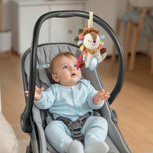 TYRY.HU Car Seat & Stroller Activity Toy,Soft Plush Cot Hanging Toy, Baby Rattle Toy with Strap,Developmental Sensory Toy-Textured Ribbons&Teether&Mirror&Crinkle Sounds for Infants 0 3 6 12 Months - color: B: Lion Stroller Toy