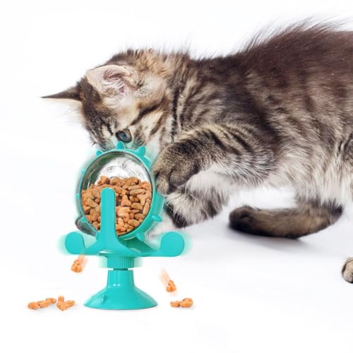 Windmill Cat Treat Dispenser Toy : 360 Degree Rotating Cat Treat Feeder with Suction Cup for Puppies Kitten, 5.11X1.57X6.68in (Blue)