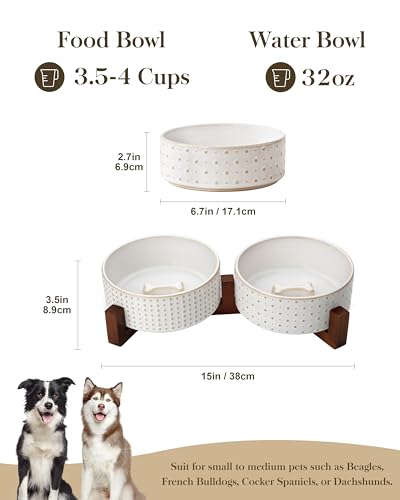 MALACASA Dog Bowl Set, Ceramic Bowls with Walnut Wood Stand, 4 Cups - color: Rhombic+Polka Dots, size: 4 Cups