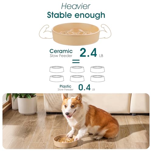 vancasso Ceramic Slow Feeder Dog Bowl, 1.5 Cup Puzzle Dish for Medium Breed - color: Khaki, size: M - 1.5 Cups