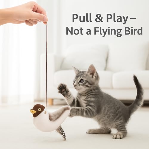 Flying Bird Cat Toy (Not a Flying Toy) – Flappy Bird Cat Toy with Flapping Wings & Chirping Sound, USB Rechargeable Motion-Activated Toy for Indoor Cats - color: Brown & White Bird