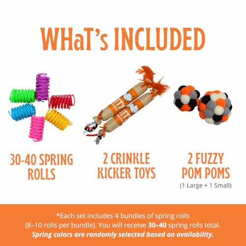 Kruncher Set, 34 to 44 Piece Interactive Cat Toy, Variety Pack Includes 2 Burlap Crinkle Kicker Toys with Feathers 30 Durable Cat Springs and 2 Soft Plush Pom Poms for Indoor Cats.