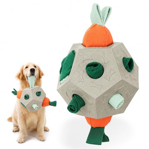 Dog Snuffle Ball - Upgrade Ball Interactive Puzzle Dog Toys, Foraging Truffle Pads Puppy Snack Dispenser Slow Feeder Suitable for Any Size Pet with Squeaky Carrot Toys (Apricot) - color: Apricot