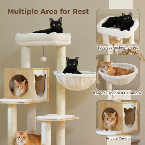 PEQULTI 57.5" Cat Tree with Litter Box Enclosure, Wood Cat Condo, Beige - color: Beige, size: XL(18.9"L x 18.9"W x 57.5"H)