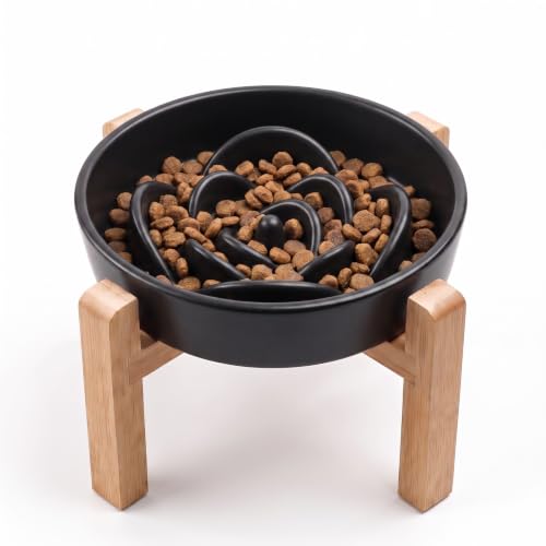 Elevated Ceramic Slow Feeder Dog Bowls Anti-Choking Slow Feeding for Medium& Large Anti-Slip Non-Lead & Toxic Durable Easy to Clean Maze Slow Feeder Bowl（8.66in Black Flower Pattern） - color: Black Flower Pattern, size: 3.6Cup
