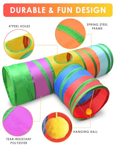 Bissap Collapsible Rabbit Tunnel, 3‑Way Hideout Toy for Small Pets - color: Rainbow, size: Large