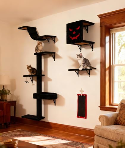 COZIWOW 5Pcs Wall Mount Cat Tree & Shelf Furniture for Cats, Black&Red - color: Red&Black