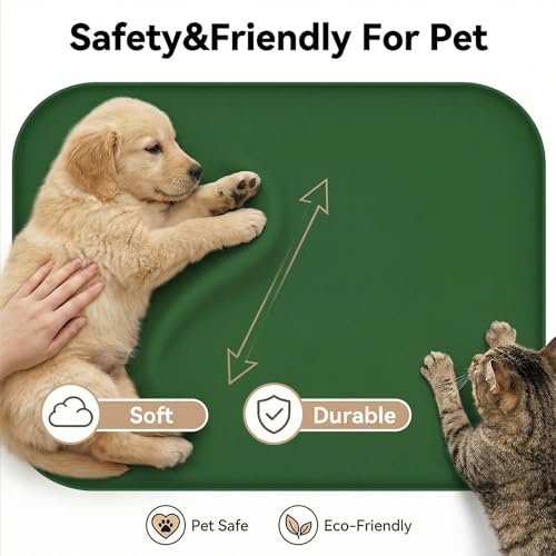 BLESWIN Waterproof Silicone Pet Feeding Mat Green with Raised Edge,24" x 16"Non-Skid Spill Proof Dog Bowl Mats, Easy Clean Cat Bowls Placemat for Cats and Dogs - color: Dark Green, size: 60 x 40 cm
