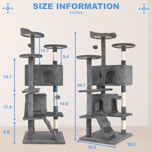FDW | 54" Cat Tree Tower | Light Gray | Multi-Level Indoor Activity Center - color: Light Gray