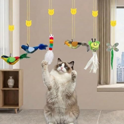 6 pc Interactive Hanging Cat Toy, Self Play Kitten Toys for Indoor Kittens Retractable Bouncing Cat Bird Toy & Cat Feather Toy Attachments Hands-Free Cat Toy Wand Teaser Toys with Feathers