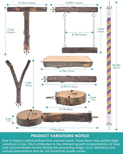 DBNESS Bird Perches, 8pcs Natural Wood Parrot Perch Climbing Stand Toys Bird Cage Accessories Hanging Multi-Branch Perch Platform Swing Toy Rope Perches for Parakeet, Conures, Budgies