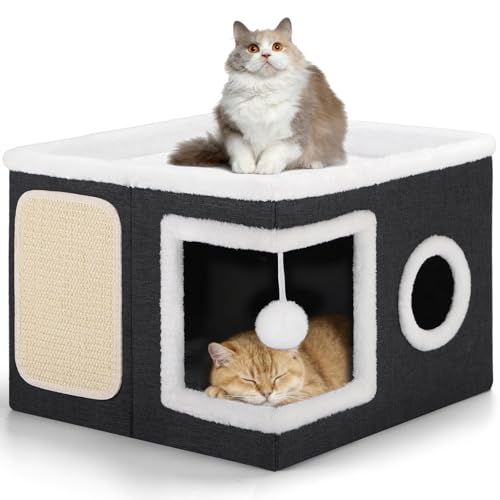 Shikha Cat House Bed for Indoor Cats with Fluffy Ball and Scratch Pad Black - color: Black, size: Large