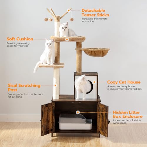 HOOBRO Cat Tree with Litter Box Enclosure for Indoor, Wooden Cat Condo with Scratching Posts, Hidden Litter Box Furniture, All-in-One Cat House, Rustic Brown FG15MZ03 - color: Rustic Brown