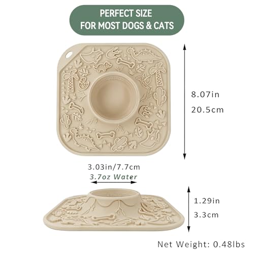 Lick Mat for Dog & Cat, Durable Silicone Licking Mat with Suction Cups, Easy-to-Clean, Chew-Proof, 2-in-1 Slow Feeder Pad Bowl for Dry & Wet Food, Puppy Enrichment Toy for Anxiety Relief, Pet Grooming - color: Khaki