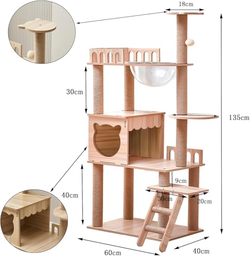 54-Inch Cat Tower,Multi-Level Pure Wood-Modern Cat Tree Tower with Condo, Cat Stairs, Bowl,9 Sisal Scratching Posts, Top Perch, Toy Balls,Cat Tree for Indoor Cats Large Adult (KT-1022) - size: KT-1022