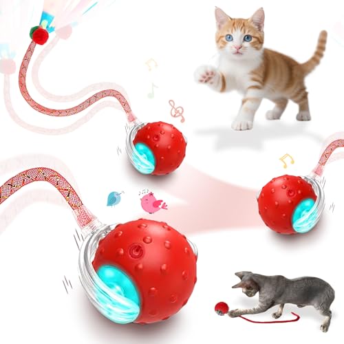 Interactive Cat Toys Smart Ball for Cats & Dogs! Now with 2 Rapid Tails. Features: 360°Auto-Rolling, Motion Activation& Bird Sounds. Perfect for Indoor Pet Exercise & Fun. (Blue) - color: Blue1
