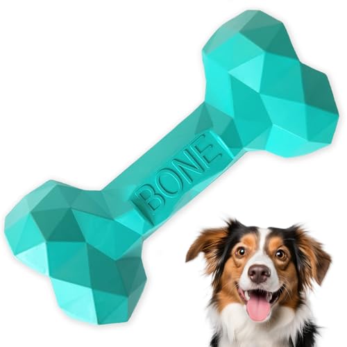 NOOVIA Durable Dog Chew Toy Rubber Bone 100% Natural Bite-Resistant Interactive Pet Toys for Dogs, Diamond Texture Modern Geometric Design (Lake Green, Medium) - size: Medium