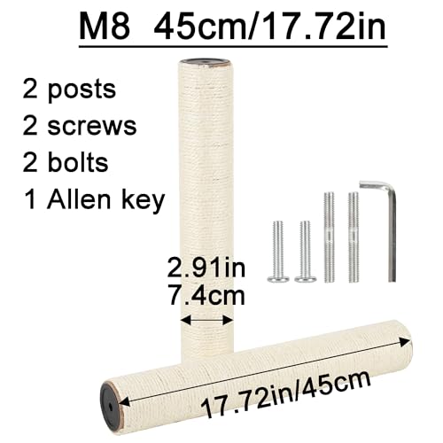 7.4cm 2.91in Diameter Cat Tree Scratching Post Replacement Sisal Pole Parts for Cat Tower (M8, 17.72in/45cm) - color: 17.72in/45cm, size: M8*2posts