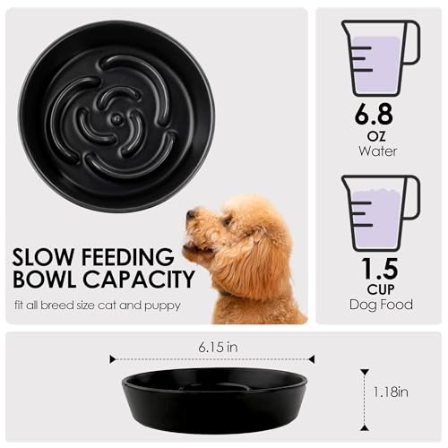Ceramic Slow Feeder Dog Bowl for Small Dogs & Cats, 6 Inch Puzzle Pet Food Dish, Non-Slip Heavy Design, Helps Reduce Fast Eating, Bloating & Indigestion, Dishwasher Safe (Midnight Black) - color: Midnight Black