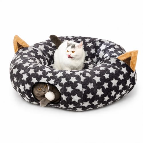 Large Cat Tunnel Bed Under Christmas Tree with Fluffy Toy Balls, Small Cushion and Flexible Design- 10 inch Diameter, 3 ft Length- Great for Cats, and Small Dogs, Gray Star Pattern - color: Gray Star, size: Tunnel Bed