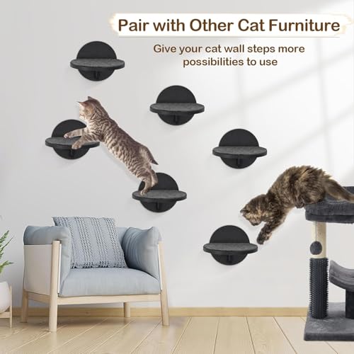 Cat Wall Shelves Furniture Set of 6, Wooden Cat Steps for with Scratching Pad, Sturdy Floating Climber Ladder Stairs, Cats Climbing Wall Systems for Cats Sleep Climb Play - color: black
