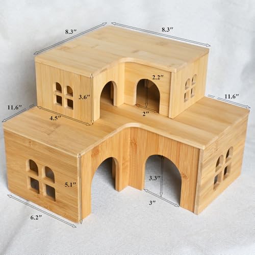 0.3" Thick Bamboo Hamster Maze, Pre-Assembled L-Shape Wooden Hideout, Safe One-Piece Fixed Construction, Large Nesting Habitat for Syrian Hamster, Gerbil, 11.6 x 11.6 x 5.1 in, Large
