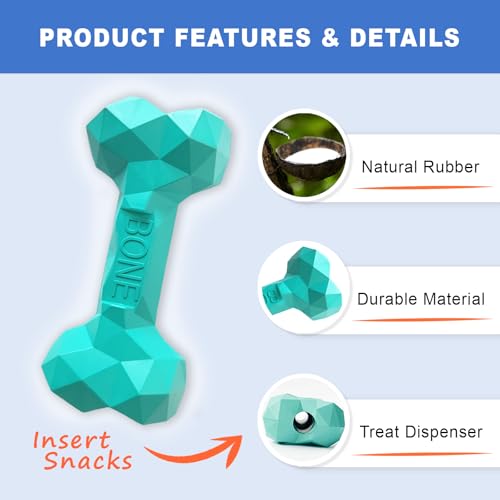 NOOVIA Durable Dog Chew Toy Rubber Bone 100% Natural Bite-Resistant Interactive Pet Toys for Dogs, Diamond Texture Modern Geometric Design (Lake Green, Medium) - size: Medium