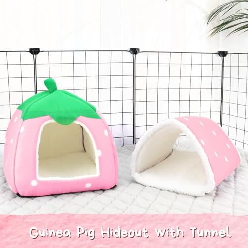Guinea Pig Hideout with Tunnel, Washable Fleece House Bed - color: Pink strawberry
