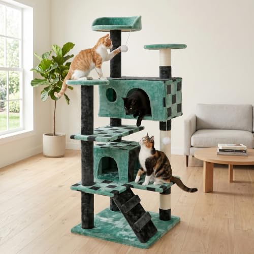 Nova Microdermabrasion 54in Cat Tree Tower for Indoor Cats Multi-Level Cat Condo Cat Bed Furniture with Scratching Post Kittens Activity Center (Green) - color: Green