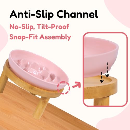 Slow Feeder Bowl, 6.3″ Elevated Cat Bowl with Stand, Melamine Wide Shallow Food Bowl, Whisker-Friendly Raised Plate, Wet Food Feeder for Slow Eating (Pink) - color: Pink, size: 6.3''W x 5''H