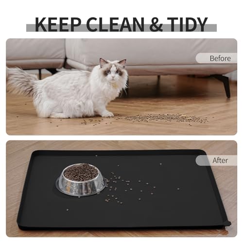 Reopet Silicone Pet Feeding Mat - Waterproof & Non-Slip Dog Cat Placemat - color: Black, size: 32" x 24"